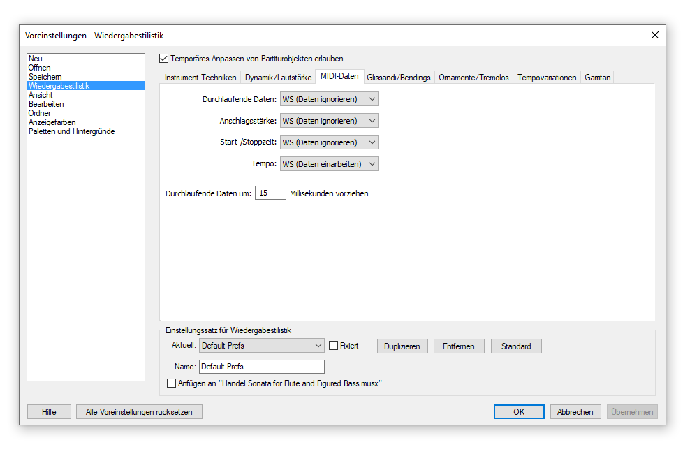 Dialogbox Einstellungen für Wiedergabestilistik – MIDI-Daten